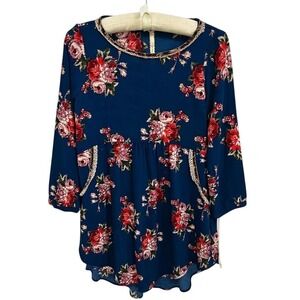 NEW Uncle Frank Women's XS Blue Floral Tunic with Ribbon Detail & Pockets